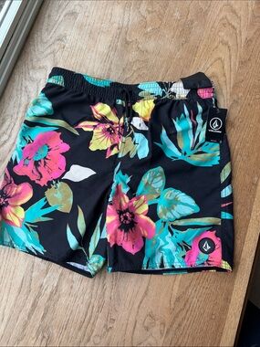 Volcom Black Tropical Floral Swim Shorts with Teal & Pink Accents